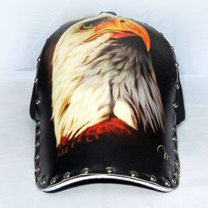 Black leather cap for both men and women with an eagle print